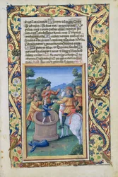 Jozef wordt uit de put gehaald en verkocht aan de Ismaëlieten, uit het Getijdenboek van Lodewijk van Orléans, 1490