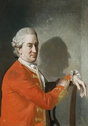 Portret van James Hamilton, 2e graaf van Clanbrassil, halffiguur, in een rode jas, zittend in een mahoniehouten stoel, zijn profiel werpt schaduwen op de muur erachter, 1774
