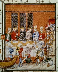 Banket aangeboden door koning Karel V van Frankrijk (1338-1380) in het Palais de la Cité ter ere van keizer Karel IV (1316-1378) en koning Wenceslaus IV van Bohemen (1363-1419). Miniatuur uit de “Grote kronieken van Frankrijk” van Jean Fouquet