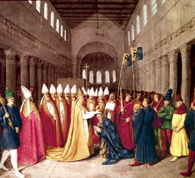 Kroning van keizer Karel de Grote op 25 december 800 in Rome door paus Leo III, miniatuur uit "Les Grandes Chroniques de France" door Jean Fouquet, ca. 1455-1460
