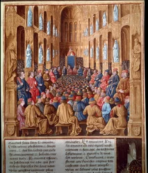 Paus Urbanus II (1042-1099) predikt de eerste kruistocht op het Concilie van Clermont, Frankrijk, en verenigt ridders, adel en kardinalen