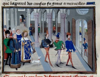 De heilige koning Lodewijk (Lodewijk IX (1214-1270) maakt zich klaar om overzee te vertrekken. Miniatuur uit Les Grandes Chronicles door Jean Fouquet (1420-1481), Parijs, Bibliotheek van het Arsenaal