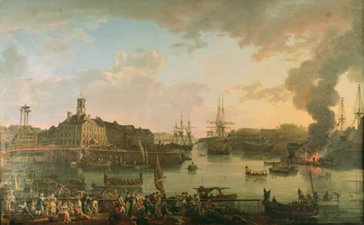 Uitzicht op de haven van Brest vanuit de overdekte dokken in 1795