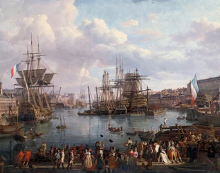 Gezicht op de haven van Brest in de 18e eeuw, detail. Schilderij van Jean-François Hue (1751-1823), 18e eeuw