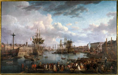 Gezicht op de haven van Brest in de 18e eeuw, schilderij van Jean-François Hue (1751-1823), 18e eeuw