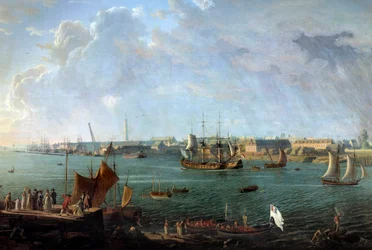 Gezicht op de haven van Lorient in de 18e eeuw. Detail van een schilderij van Jean-François Hue (1751-1823). Parijs, Musée de la Marine