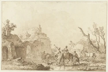 Reizigers bij een poort