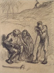 Drie boeren rustend, een leunend op een spade, c1850-1851