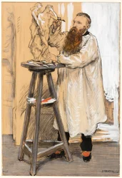 Portret van de beeldhouwer Auguste Rodin in zijn atelier