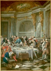 Oesterontbijt Een groep edelen, uitsluitend mannen, die zich te buiten gaan aan oesters en alcohol. Schilderij door Jean Francois De Troy (1679-1752) 1735 Chantilly, musee Conde - Het oesterlunch. Een geheel mannelijk oesterlunch: een g