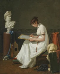 Portret van een jonge vrouw die het hoofd van Apollo tekent
