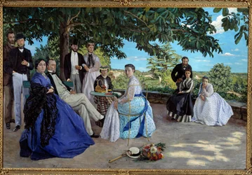 Familiebijeenkomst: portret van een Franse bourgeoisfamilie verzameld in een tuin