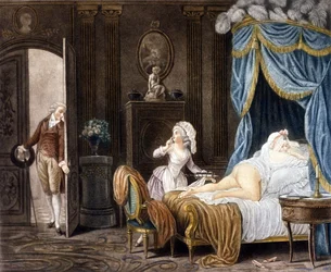 A. Schall. Het niet-officiële dienstmeisje. 18e-eeuwse gravure.