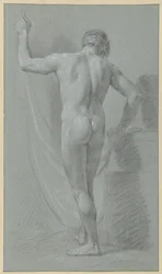 Staand mannelijk naakt voor een gordijn, op de rug gezien