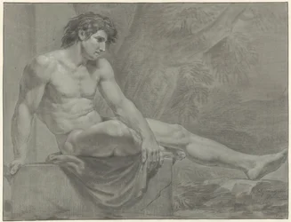 Zittend mannelijk naakt, naar rechts met gestrekt been