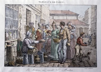 Oude beroepen van de straten van Parijs: De melkboerin van de Saint Martin markt - Gravure door Jean Henry Marlet (1771-1847) in 