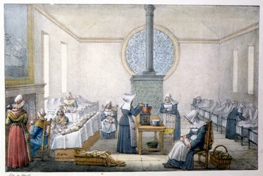 Gevonden kinderen (weeshuis) - Lithografie door Marlet, eind 19e eeuw