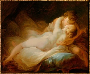 Erotica: het moment van verlangen of gelukkige geliefden. Een kussend paar in bed