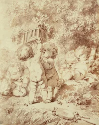 Zes spelende putti, twee houden een kooi omhoog