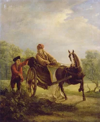 Voltaire (1694-1778) in een cabriolet in Ferney