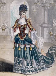 Portret van Mademoiselle Desmatins (1682-1708), musicus bij de Opera, gravure door Jean Berain