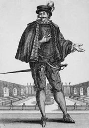 Capitan Spezzaferro, toneelkostuum, gravure door Jean Berain de Oudere, Frankrijk