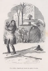 Hij staat op, bedekt van top tot teen met sneeuw. uit de Kleine Ellende van het Menselijk Leven, 1843