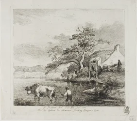 Een herder en stier steken een rivier over