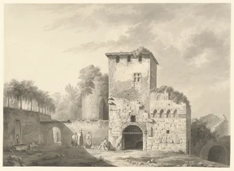 Landschap met mensen tussen ruïnes