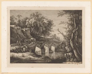 Landschap met figuren op een stenen brug