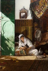 Interieur van een harem in Marokko, detail: vrouw speelt derbouka