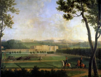 Zicht op het Keizerlijk Paleis van Schönbrunn, Wenen Oostenrijk. Dit is de zomerresidentie van de Habsburgers gebouwd aan het einde van de 17e eeuw door Johann Fischer von Erlach. Detail van een schilderij door Joseph Bidault (1758-1846) 1810 Parijs, musee