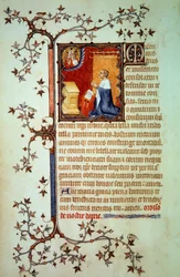 Hertog Jan I van Berry (1340-1416) bidt voor God, die hem zegent. Miniatuur uit het manuscript (Ms. lat. 18014) “De Kleine Getijden van Jan van Berry”, verlucht door Jean le Noir, circa 1375. Parijs, B.N.