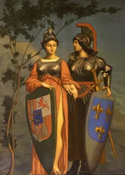 Allegorie van het Verdrag van de Pyreneeën in 1659 tussen Frankrijk en Spanje