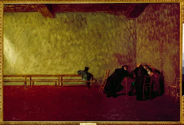 De samenzweerders. Privébijeenkomst tussen drie mannen die een complot voorbereiden. Schilderij door Jean Leon Gerome (1824-1904)
