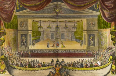 Voorstelling van de ingebeelde zieke in Versailles De voorstelling van het stuk door Jean Baptiste Poquelin genaamd Molière in de tuinen van Versailles in aanwezigheid van koning Lodewijk XIV