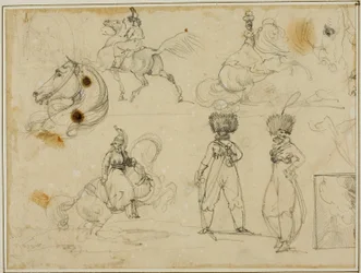 Blad met schetsen: Soldaten, paarden en een landschap