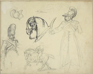 Schetsen van paarden en soldaten