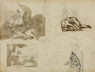 Schetsen van een cavalerieslag, een landschap met koeien en andere composities