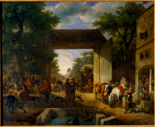 Een kermis bij de deur van een herberg. Schilderij door Jean Louis Demarne (1744-1829) 19e eeuw