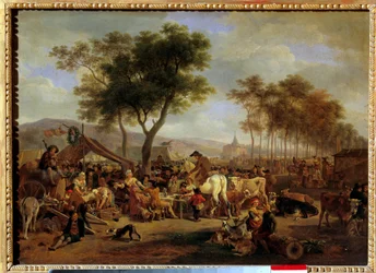 Kermis bij de ingang van een dorp. Scène van voedsel en handel op een dorpskermis