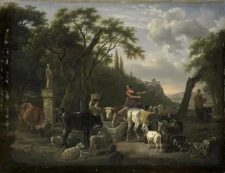 Italiaans landschap met herders en dieren bij een fontein