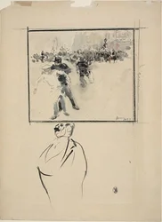 Schetsen van een ingelijste relscène en van een man (recto); Vrouw met een hoed (verso)