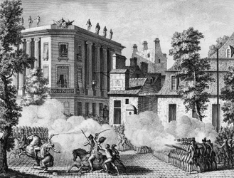 Franse Revolutie: Gevecht tussen de Duitse Koninklijke en de Franse Garde voor het depot van de Franse Garde op 12 juli