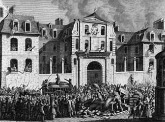 Franse Revolutie: Plundering van het huis Saint Lazare in Parijs op maandag 13 juli 1789 door de revolutionairen. Gravure door Berthaut naar Prior. Parijs, Bibliotheek van het Instituut voor Geschiedenis van de Revolutie