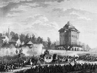 Franse Revolutie: Terugkeer van de koninklijke familie na de arrestatie in Varennes op 20 en 21 juni 1791: koning Lodewijk XVI en Marie Antoinette werden op 25 juni 1791 teruggebracht naar Parijs. Gravure naar een tekening van Prior. Parijs, Bibliotheek va