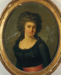 Portret van een dame in een zwarte jurk met rode sjerp