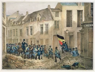 De Rue de Louvain, Brussel, 23 september 1830, gegraveerd door A.M. Jobard