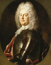 Portret van een heer, half lengte, in harnas, een witte jabot en een karmozijnrode omslagdoek, in een geschilderd ovaal