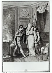 “Doe die sluier af”, zei de oude vrouw tegen Candide, illustratie bij hoofdstuk 7 van “Candide” van François Voltaire (1694-1778), 1787